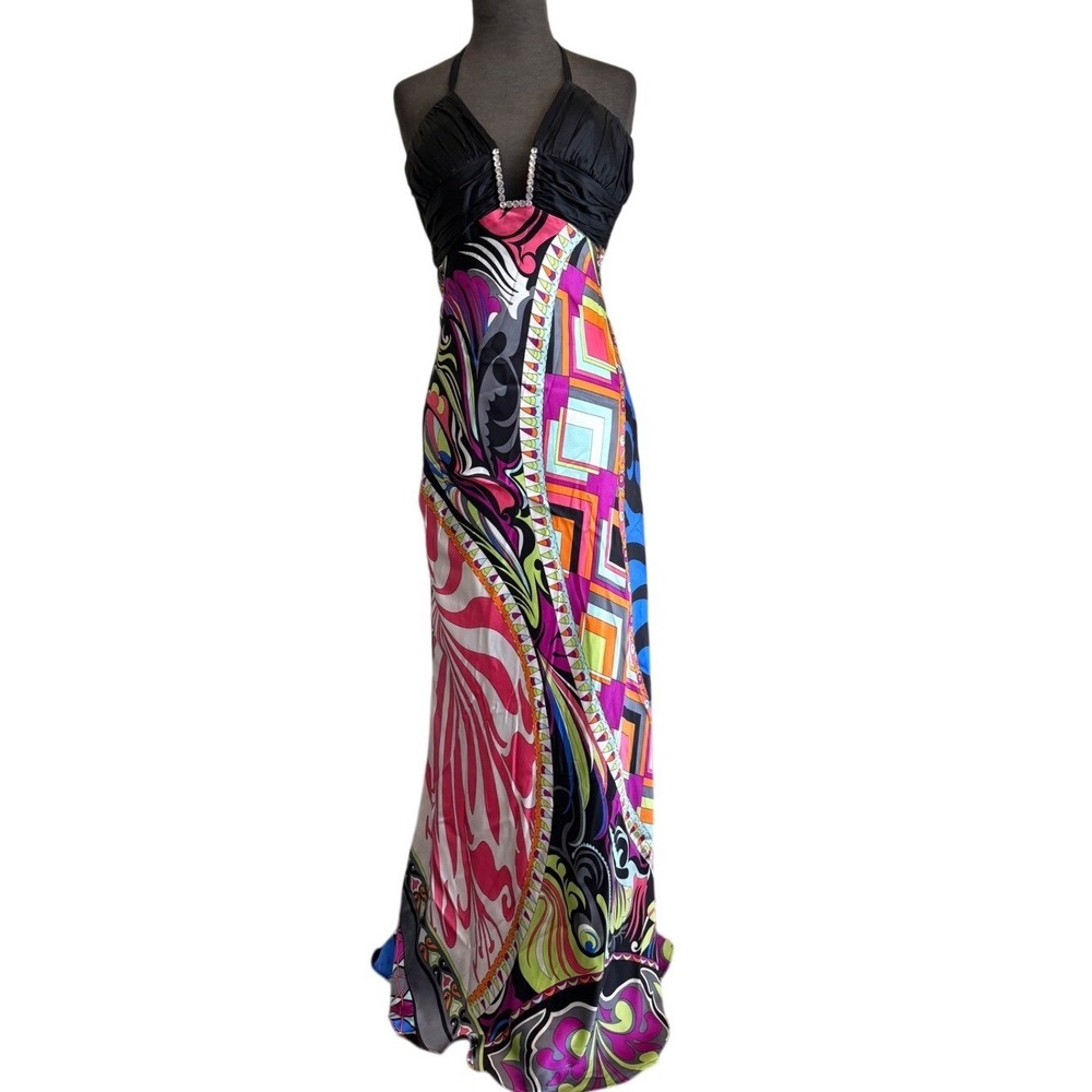 Cache 100% Silk Maxi Dress Black Halter Rhinestone Geometric Print Womens Size 2